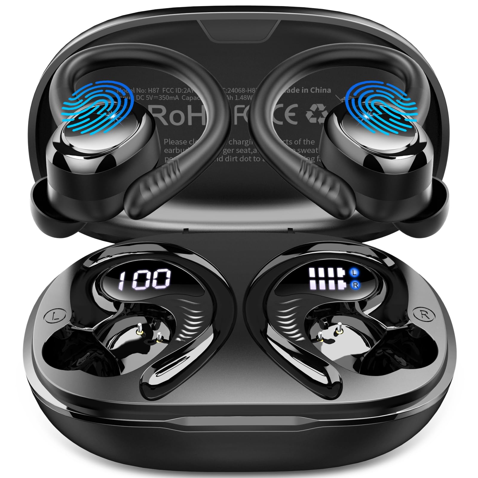 Hupoaf Wireless Earbuds Sport, New Bluetooth 5.4 Headphones with Earhooks, 50H Stereo Deep Bass Over Ear Buds with 4 ENC Noise Canceling Mics, IP7 Waterproof Earphones for Running Workout Gym -Black image 1