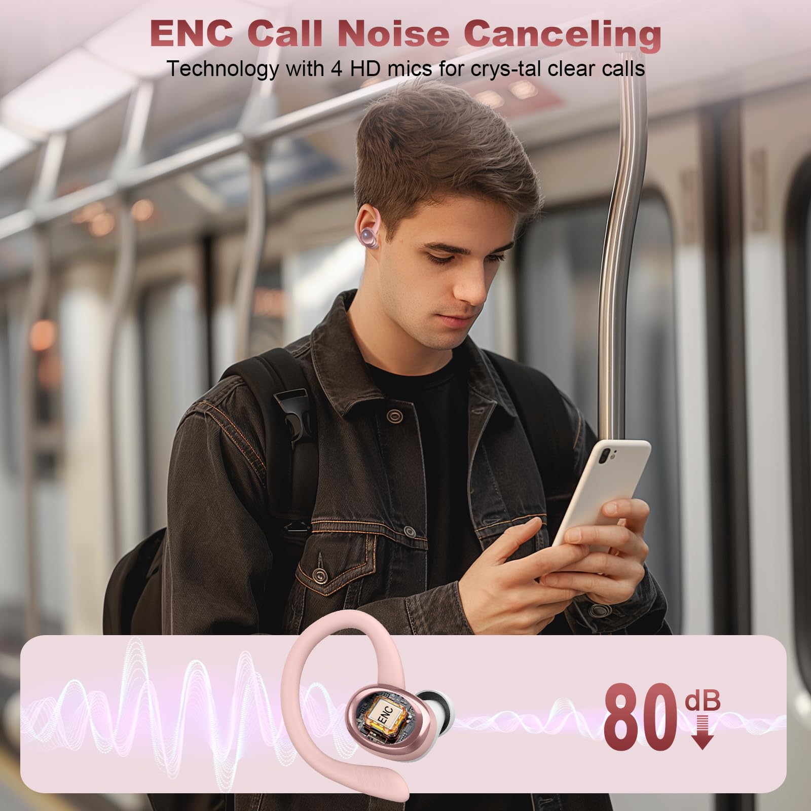 Hupoaf Wireless Earbuds Sport with Earhooks, 2026 Bluetooth 5.4 Headphones with 4 ENC Noise Canceling Mic, 50H Stereo Over Ear Buds for Running/Gym/Workout, IP7 Waterproof Earphones for Android/iOS thumbnail 3