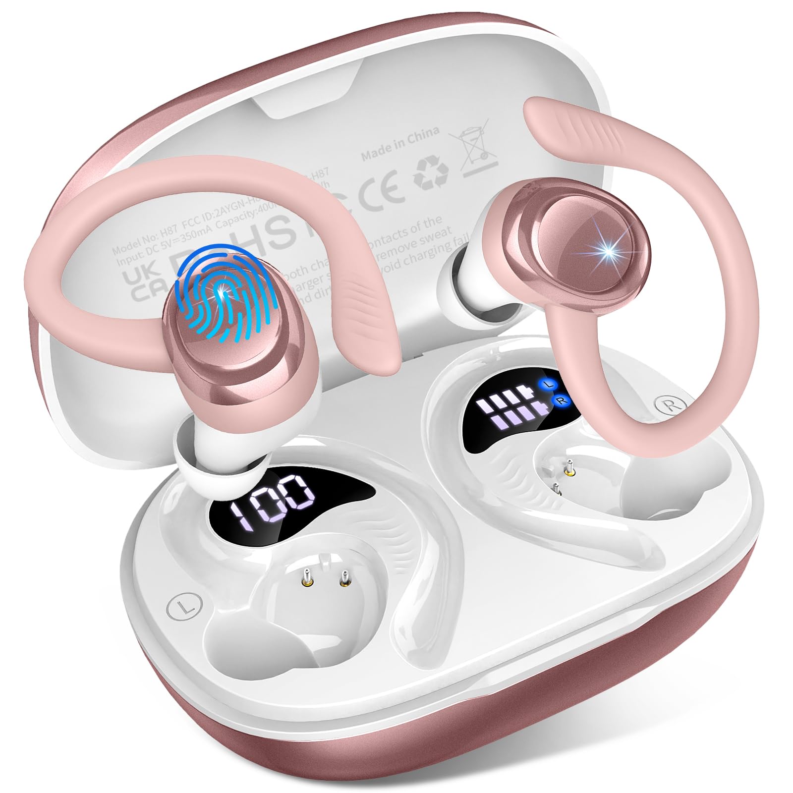 Hupoaf Wireless Earbuds Sport with Earhooks, 2026 Bluetooth 5.4 Headphones with 4 ENC Noise Canceling Mic, 50H Stereo Over Ear Buds for Running/Gym/Workout, IP7 Waterproof Earphones for Android/iOS image 1