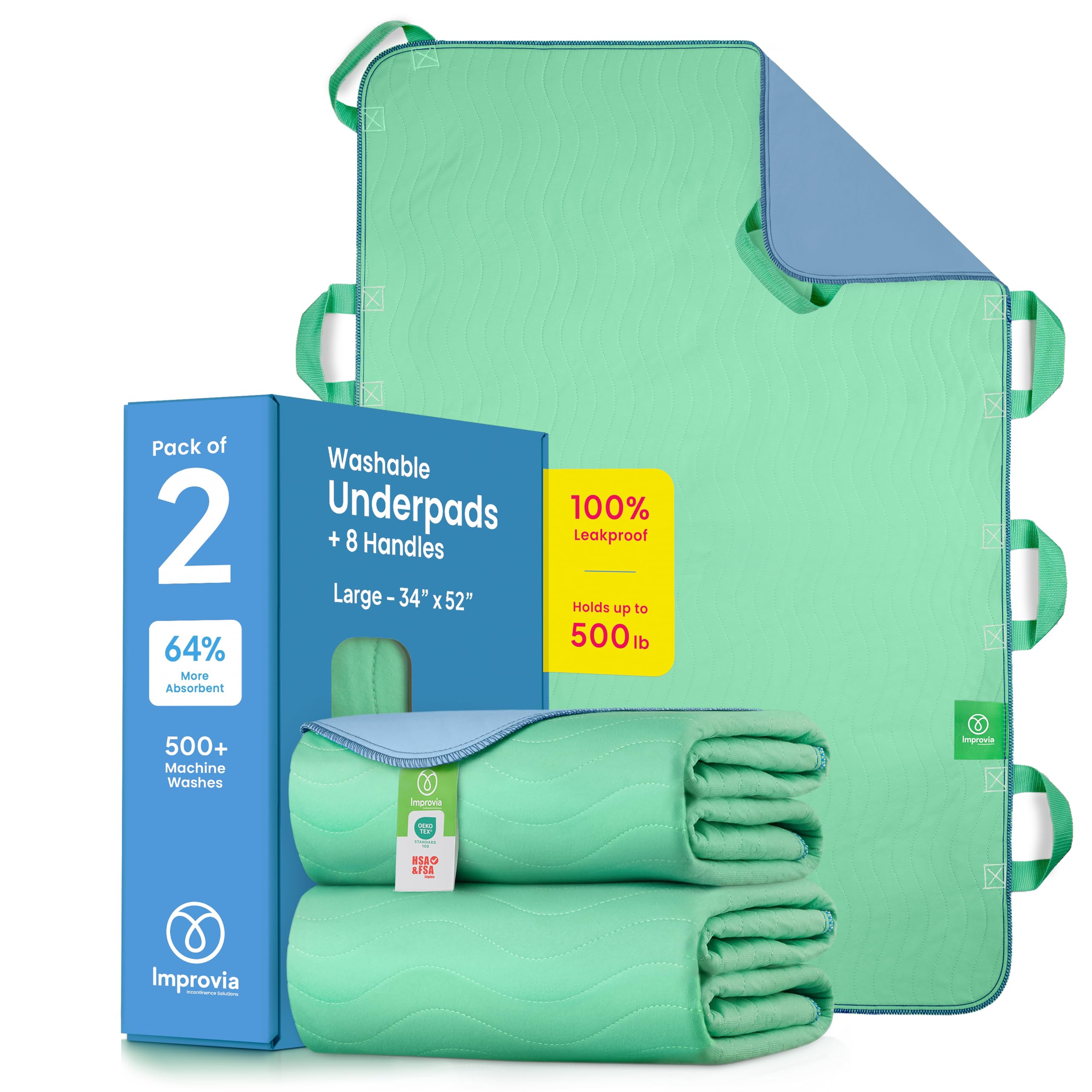 Improvia Positioning Bed Pad, with 8 Reinforced Handles, Quick-Drying, Washable, Waterproof, for Lifting, Turning, Transfering, Elderly and Incontinence Patients (Green, 34" x 52" - Pack of 1) thumbnail 2