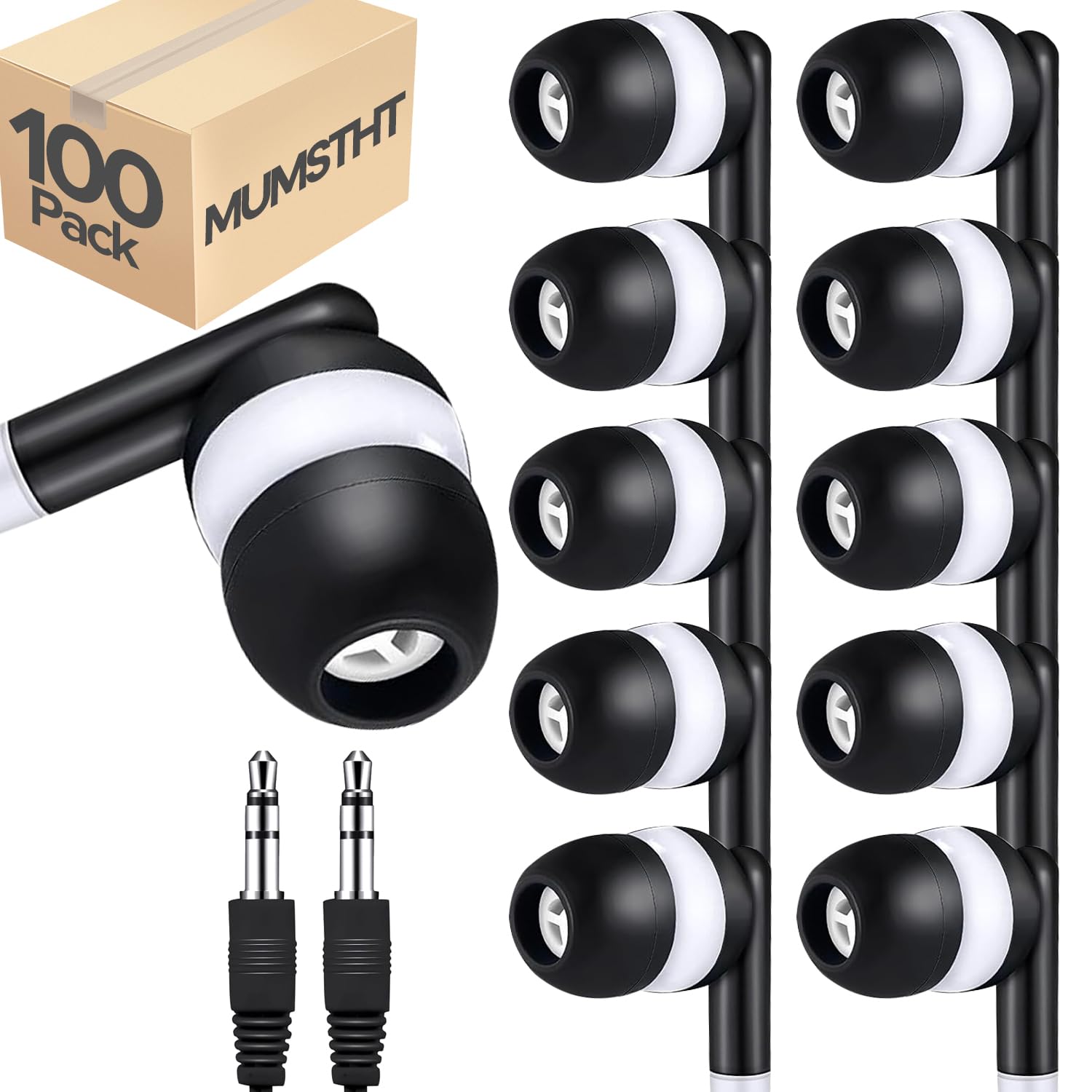 MUMSTHT 100 Pack Bulk Earbuds for Classroom Kids,Student Basic in Ear Headphones for Kids Schools Libraries Laptop,3.5 MM Earbuds Dot Headphones, Individually Bagged(Black,YS101) thumbnail 2