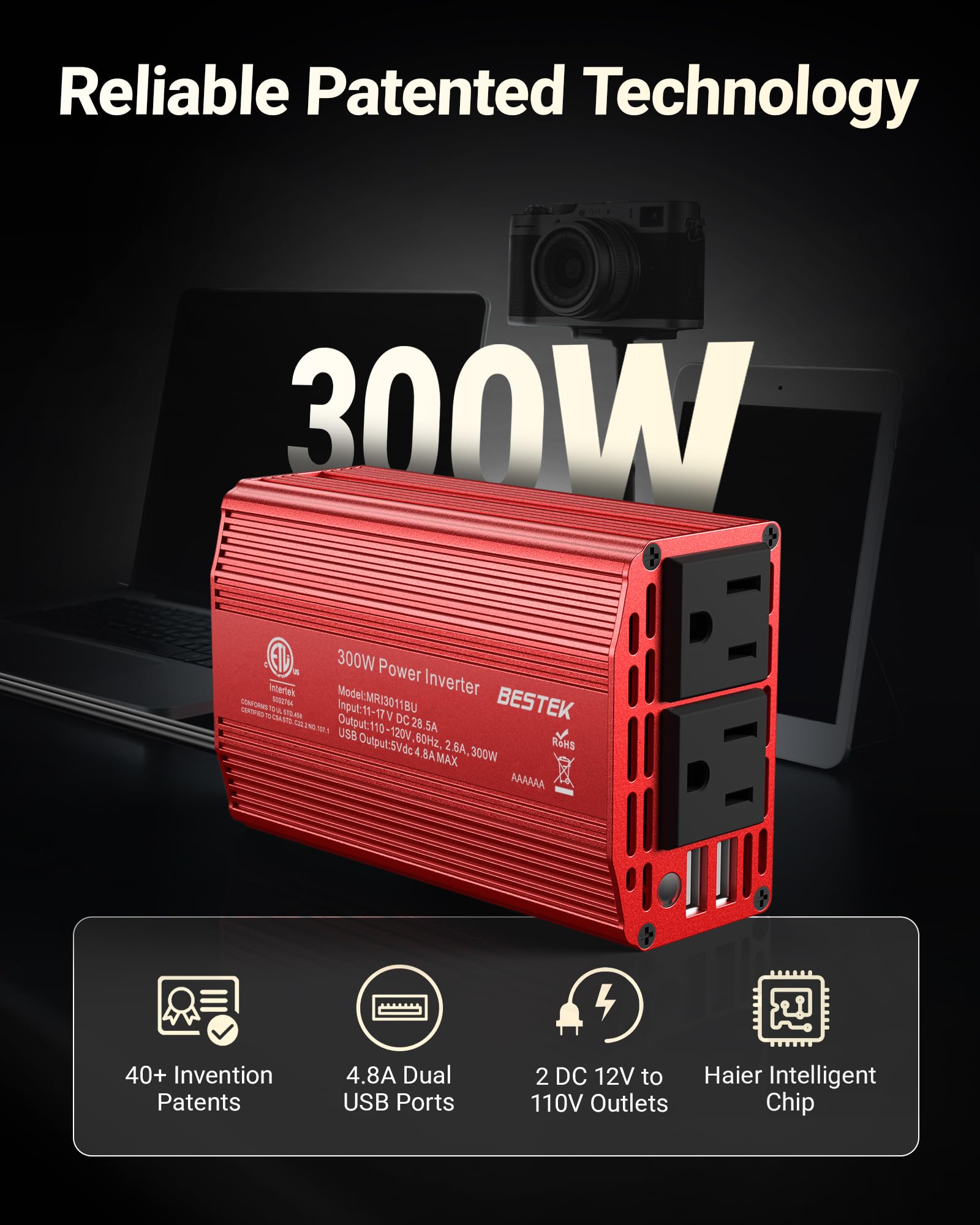 BESTEK 300W Power Inverter with Dual USB Ports and Aluminum Housing thumbnail 4