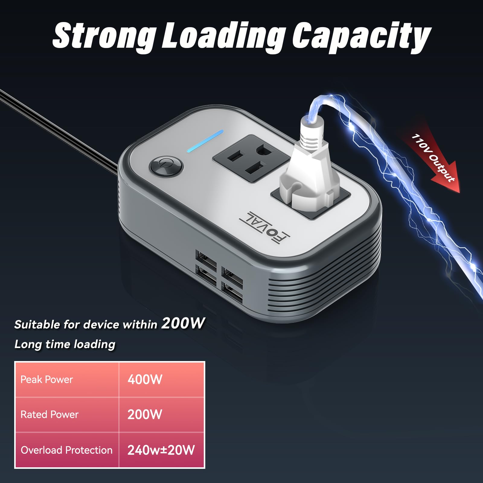 FOVAL 200W Car Power Inverter with 4 USB Ports and Dual AC Outlets thumbnail 2