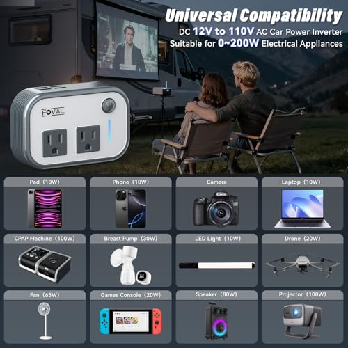 FOVAL 200W Car Power Inverter with 4 USB Ports and Dual AC Outlets thumbnail 4