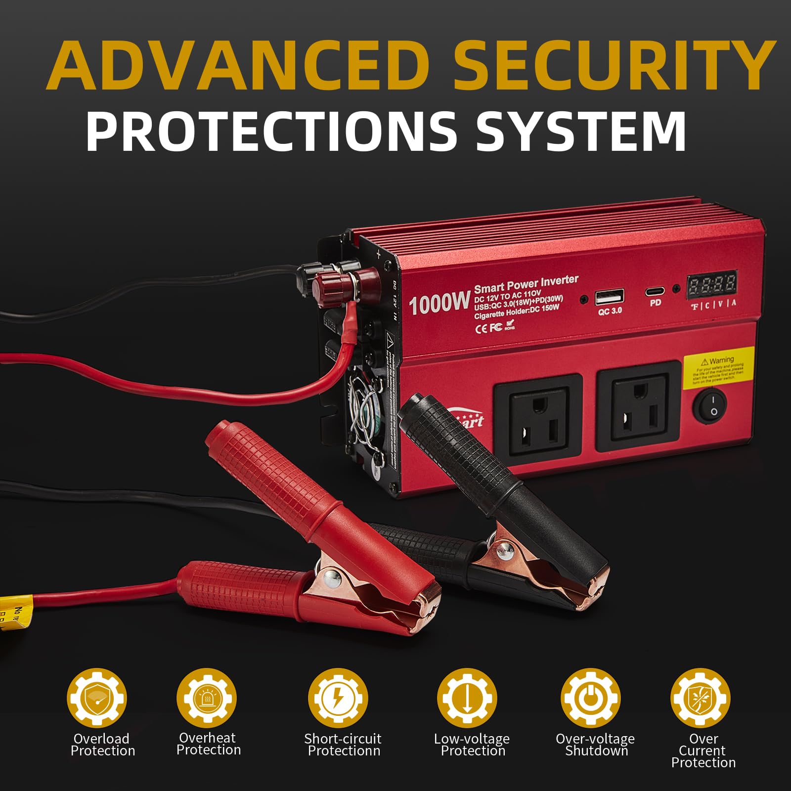 TWING 1000W Car Power Inverter with Dual AC Outlets, USB QC 3.0 and Type-C Ports thumbnail 2