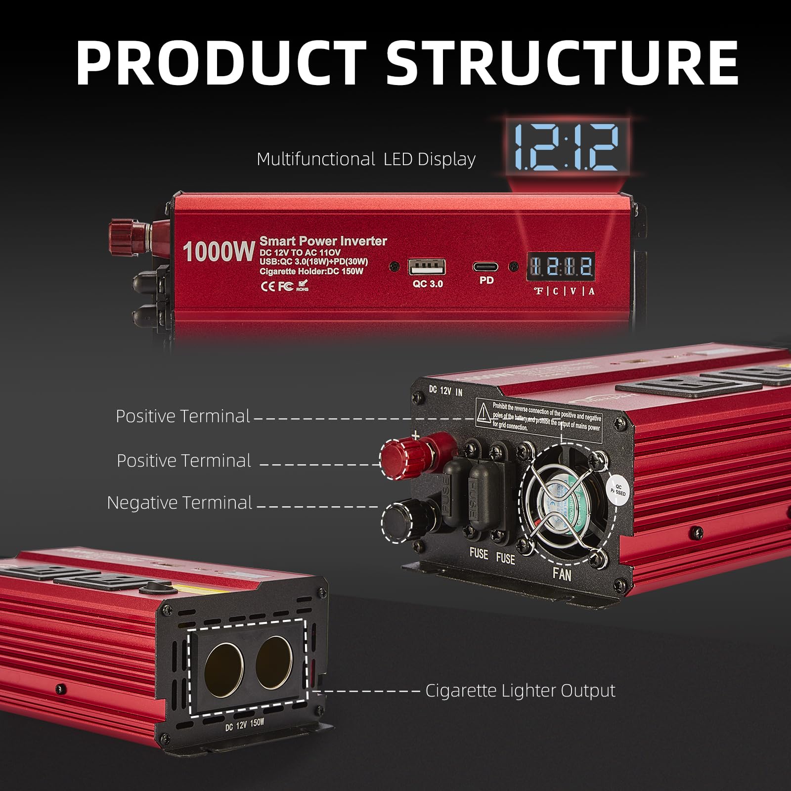 TWING 1000W Car Power Inverter with Dual AC Outlets, USB QC 3.0 and Type-C Ports thumbnail 3