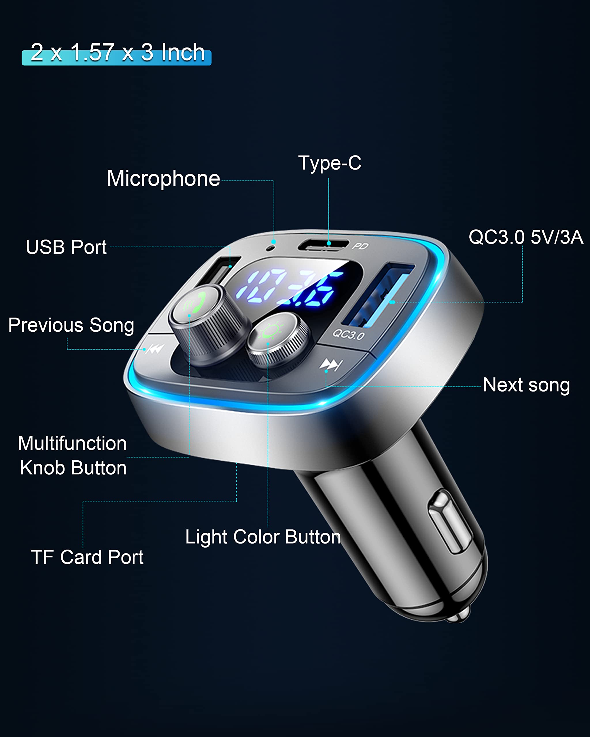LIHAN USB C Bluetooth 5.4 Car Adapter with FM Transmitter and Fast Charging