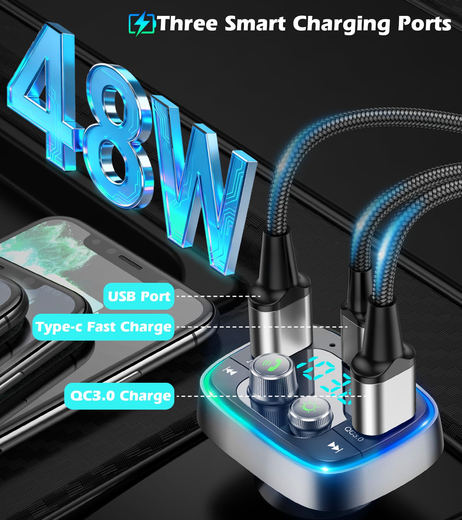 LIHAN USB C Bluetooth 5.4 Car Adapter with FM Transmitter and Fast Charging thumbnail 2