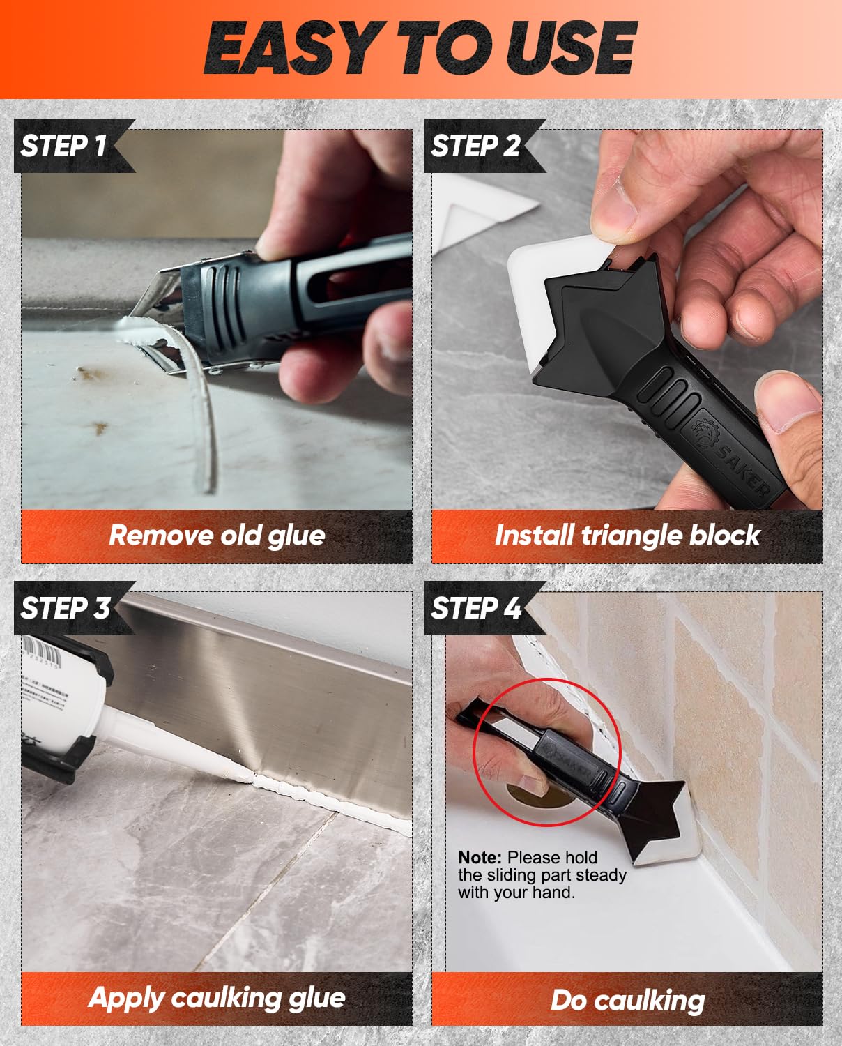 Saker 3-in-1 Silicone Caulking Tool with Stainless Steel Blade and Silicone Smoother thumbnail 3