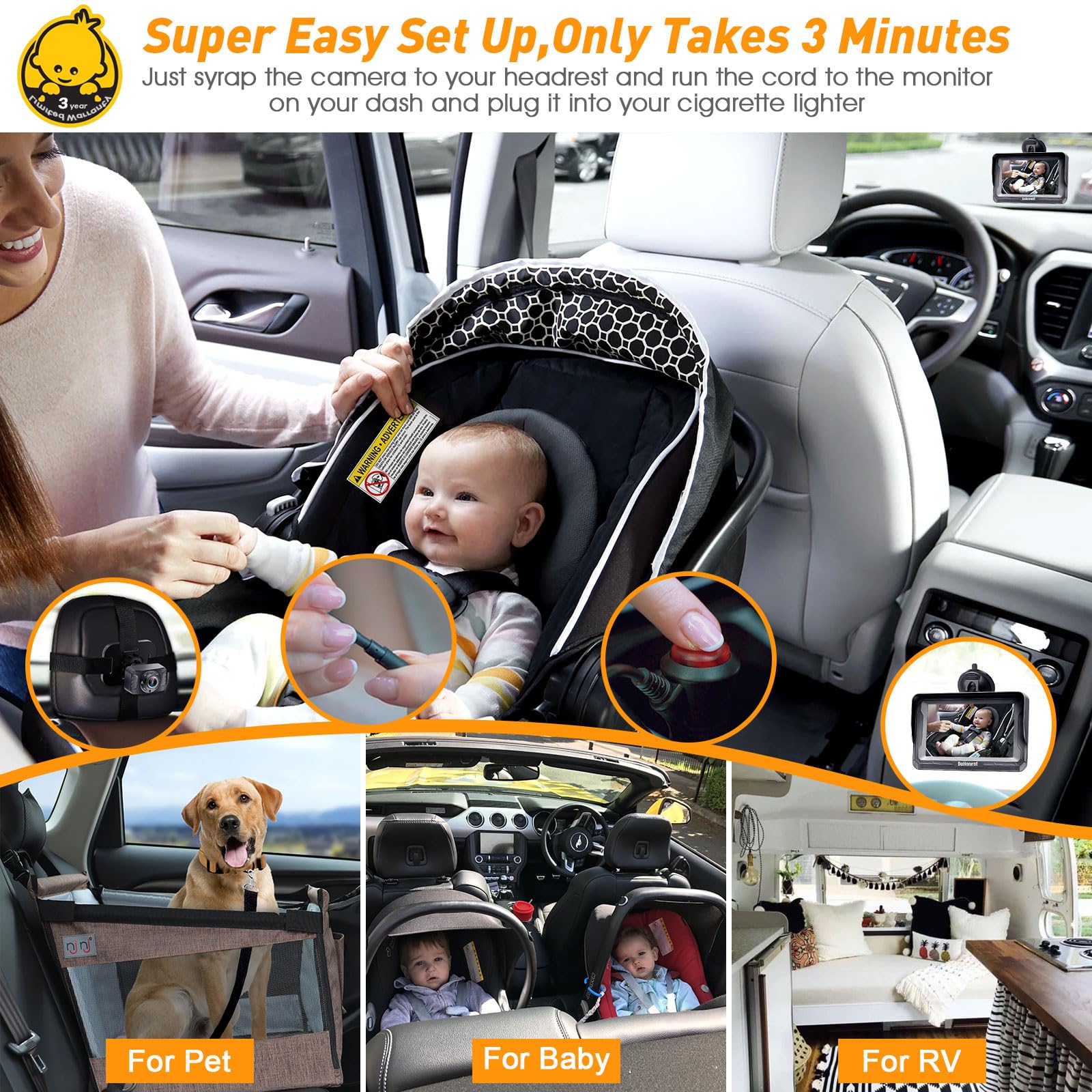 DoHonest Baby Car Camera HD 1080P – Rear-Facing Baby Monitor with Night Vision and Adjustable Viewing Angle image 1