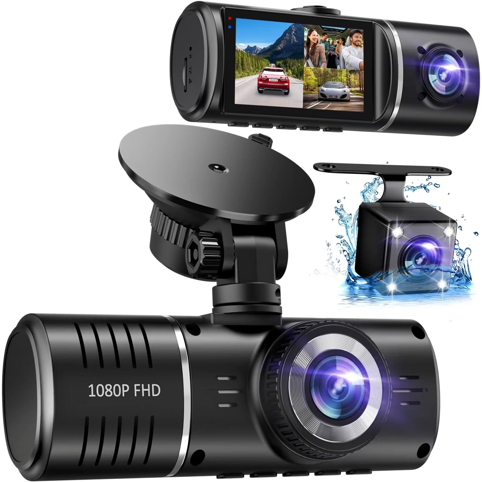 SUVCON 3-Channel Dash Cam with Front, Rear, and Interior Cameras - 1080P HD, Night Vision, HDR, 32GB Card Included thumbnail 4
