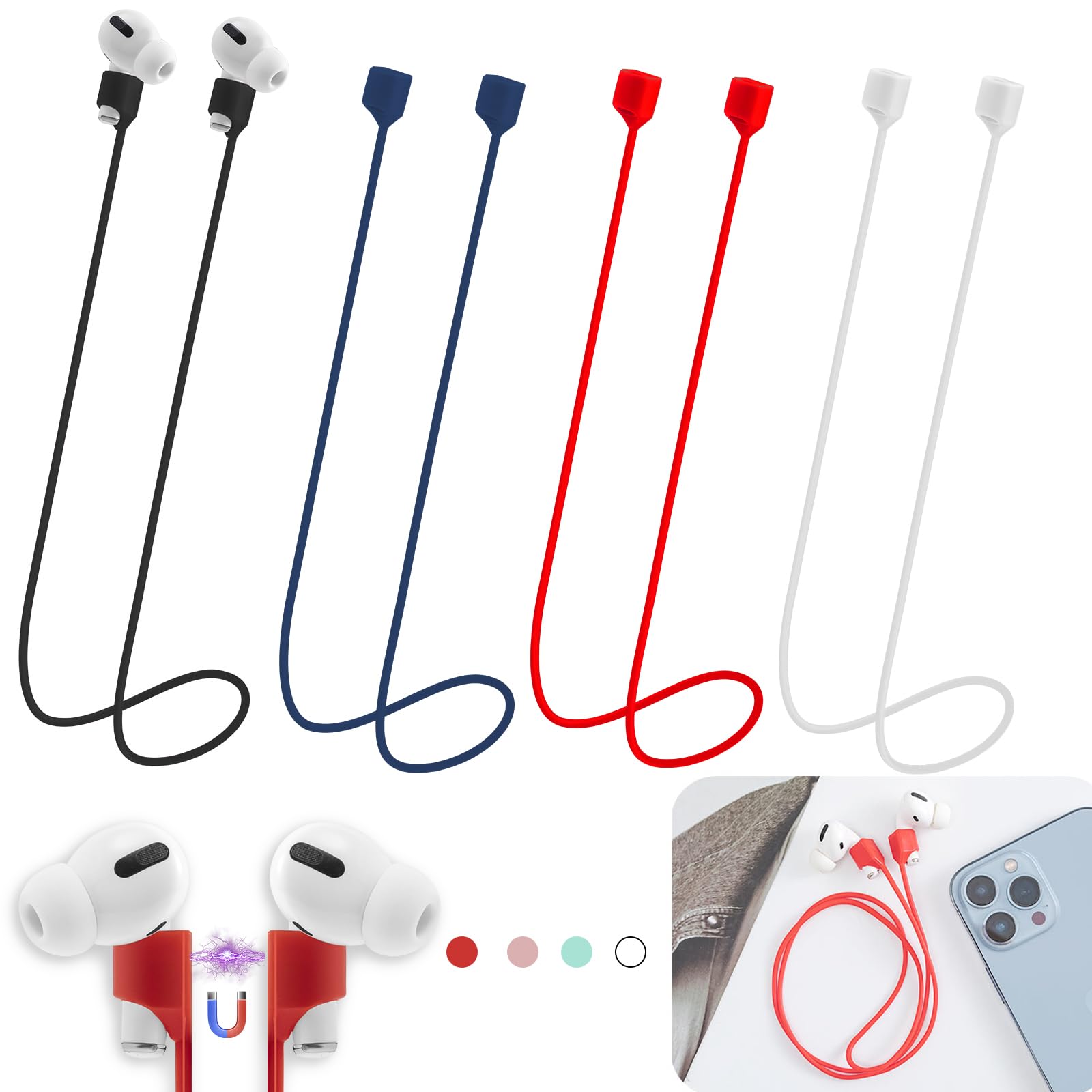 Magnetic Anti-Lost Straps for AirPods - 4 Pack Ultra Strong Silicone Neck Lanyards