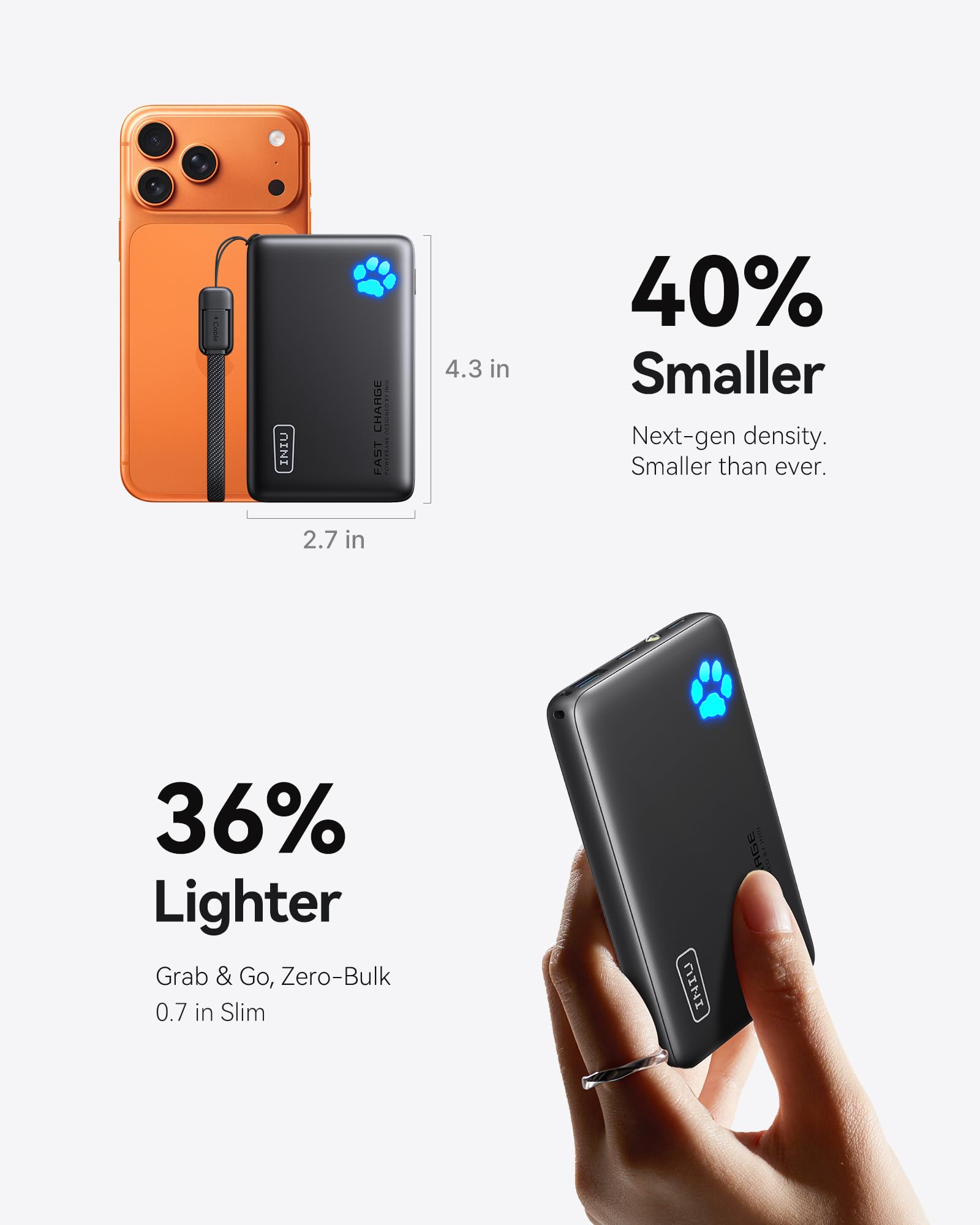 INIU 45W Fast Charging 10000mAh Portable Charger with Detachable Cable thumbnail 3