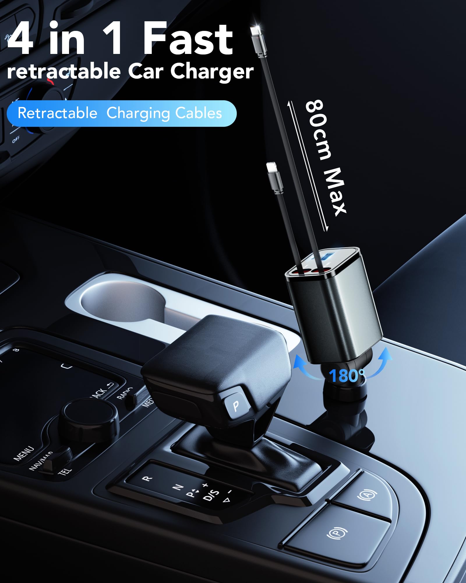 EloBeth 4-in-1 Retractable 69W Fast Car Charger Adapter for iPhone 17 and Galaxy S26 Series thumbnail 2