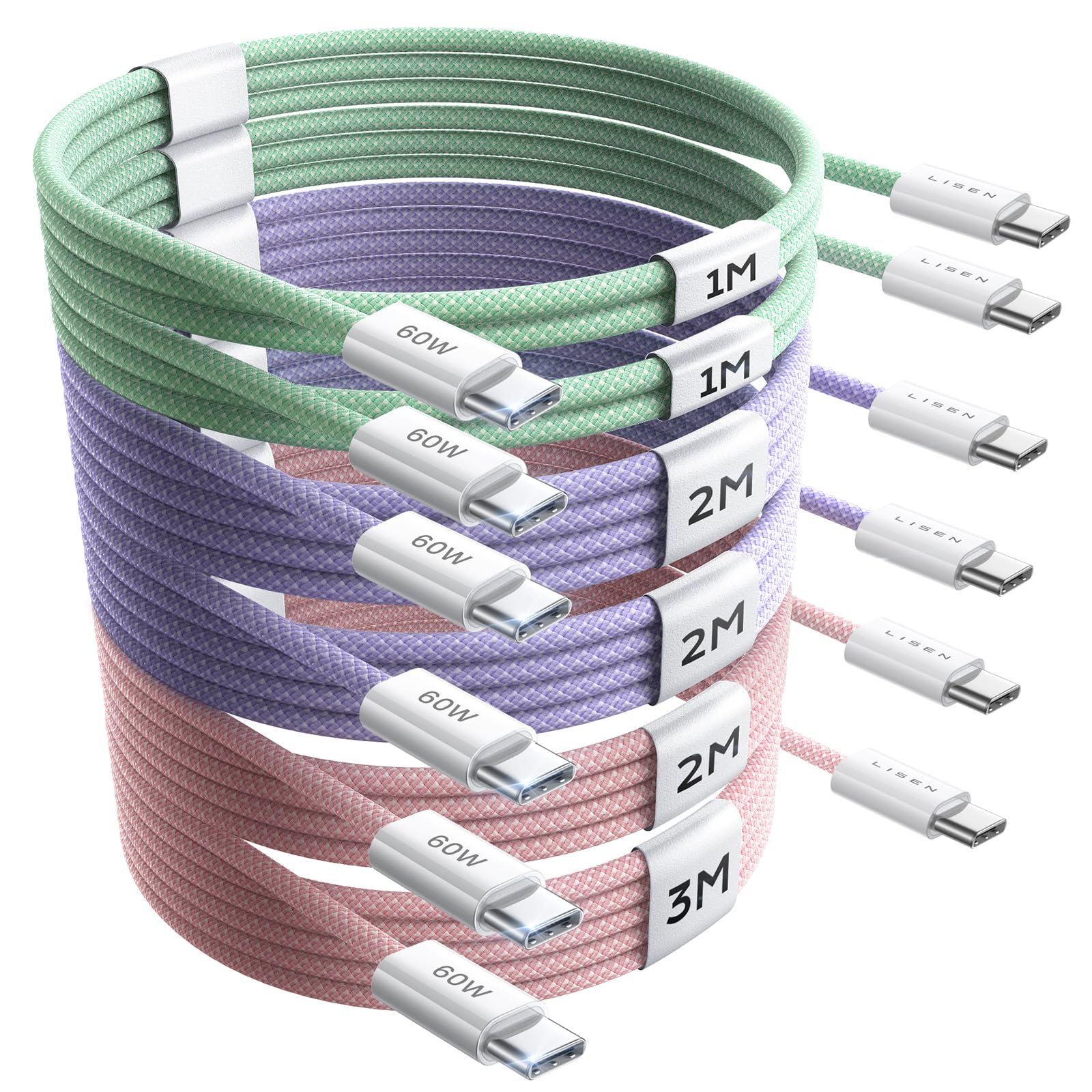 LISEN USB C to USB C Cable 5-Pack – Fast Charging and Durable Braided Cords thumbnail 2