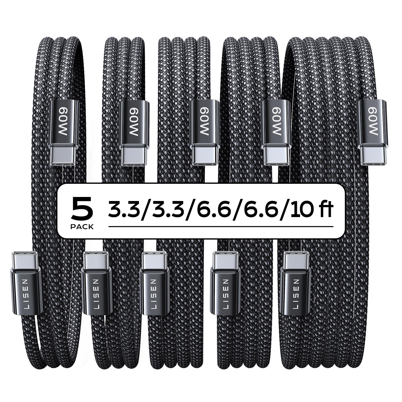 LISEN USB C to USB C Cable 5-Pack – Fast Charging and Durable Braided Cords thumbnail 4