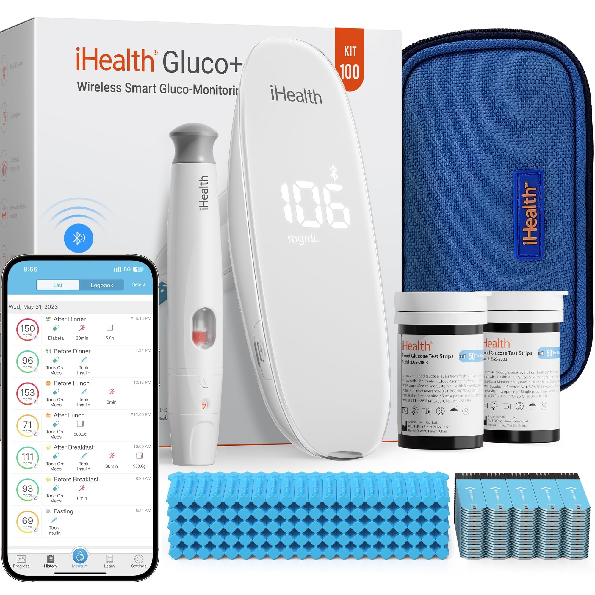 iHealth Gluco+ Wireless Smart Glucose Monitor Kit with 100 Strips & Lancets image 1
