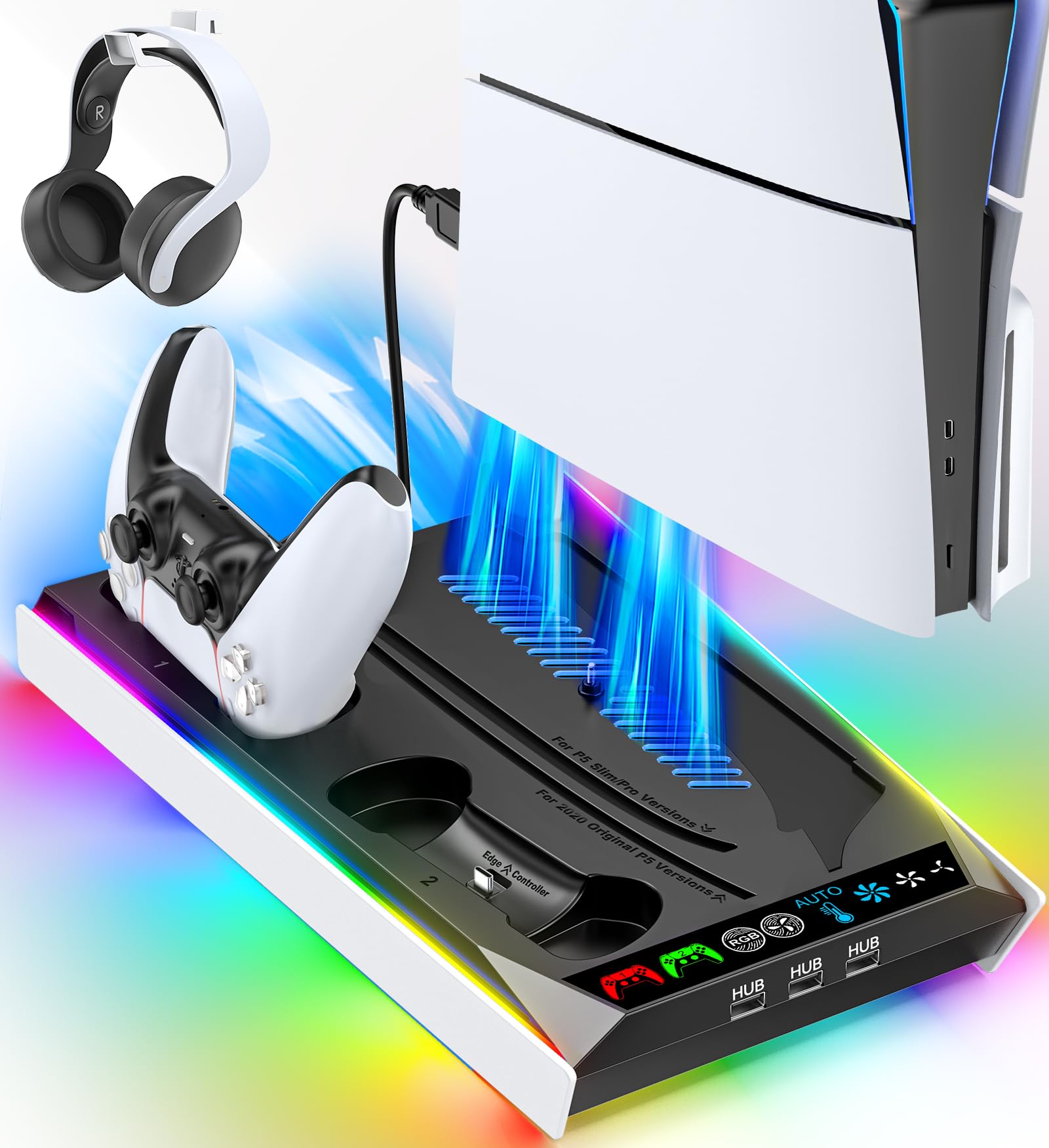 PS5/Slim/Pro Cooling & Charging Stand with RGB Lights and USB Hub thumbnail 3