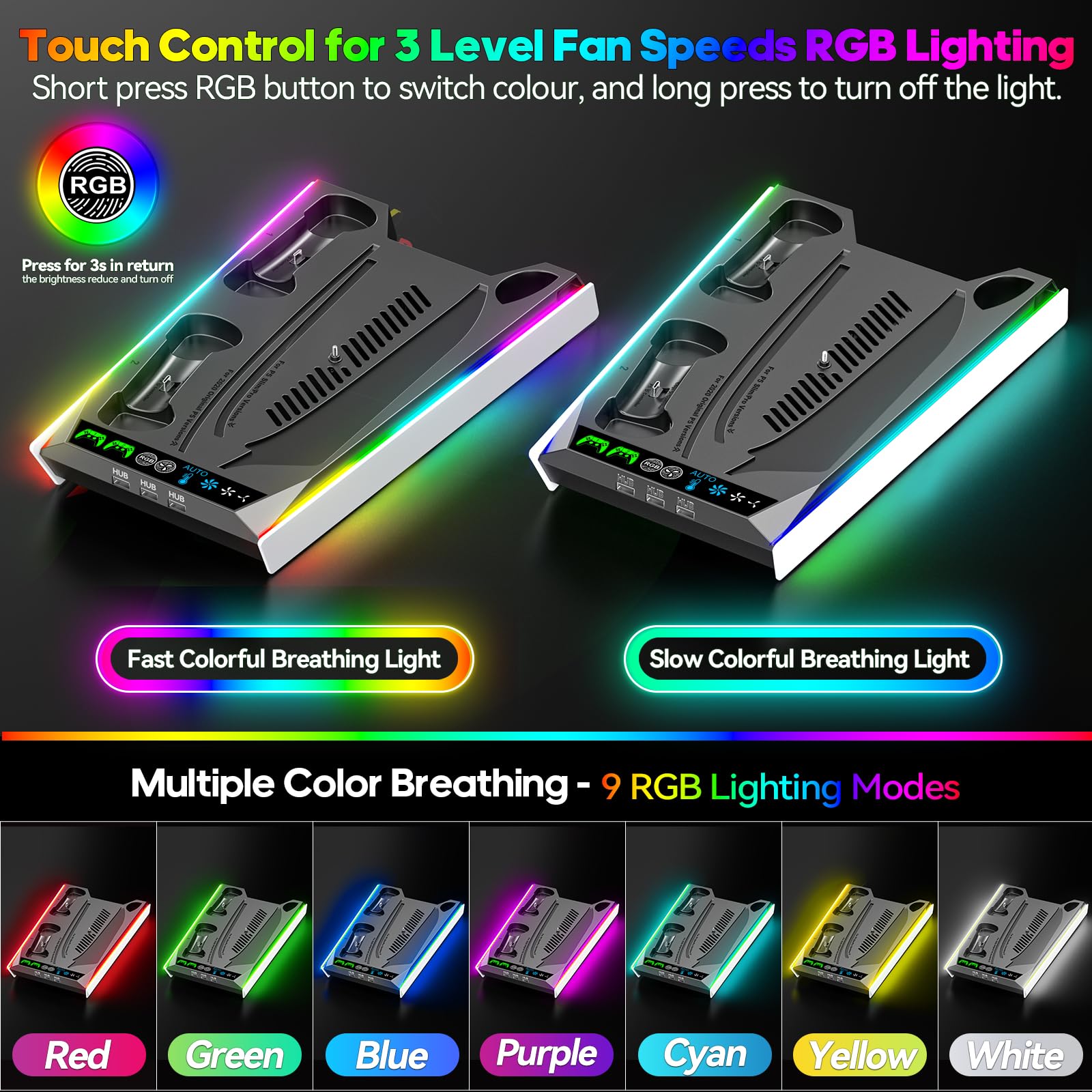 PS5/Slim/Pro Cooling & Charging Stand with RGB Lights and USB Hub thumbnail 4