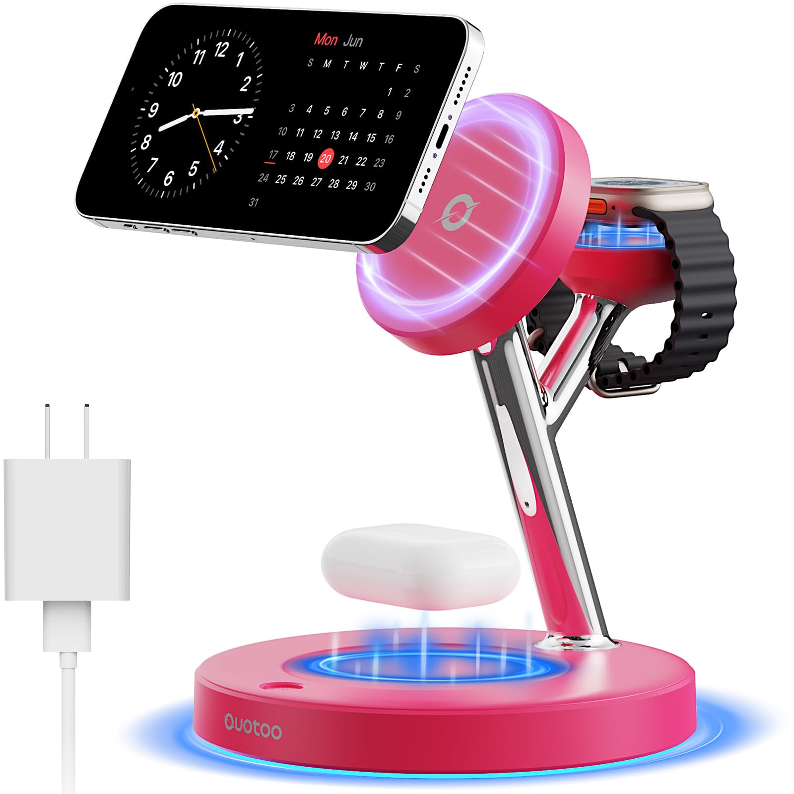3-in-1 MagSafe Wireless Charger Stand with Adjustable Blue Ambient Light for iPhone, Apple Watch, and AirPods thumbnail 2