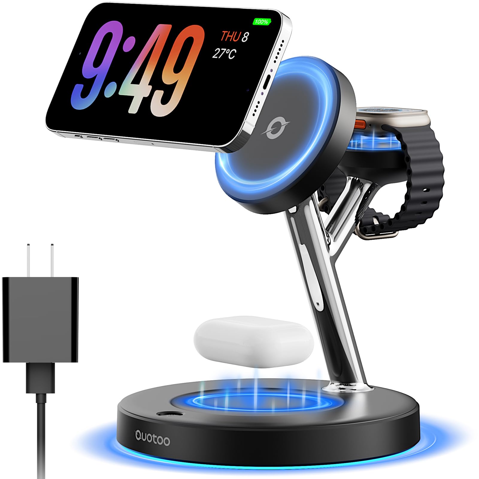 3-in-1 MagSafe Wireless Charger Stand with Adjustable Blue Ambient Light for iPhone, Apple Watch, and AirPods thumbnail 3