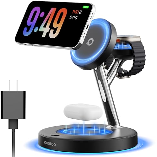 3-in-1 MagSafe Wireless Charger Stand with Adjustable Blue Ambient Light for iPhone, Apple Watch, and AirPods thumbnail 4
