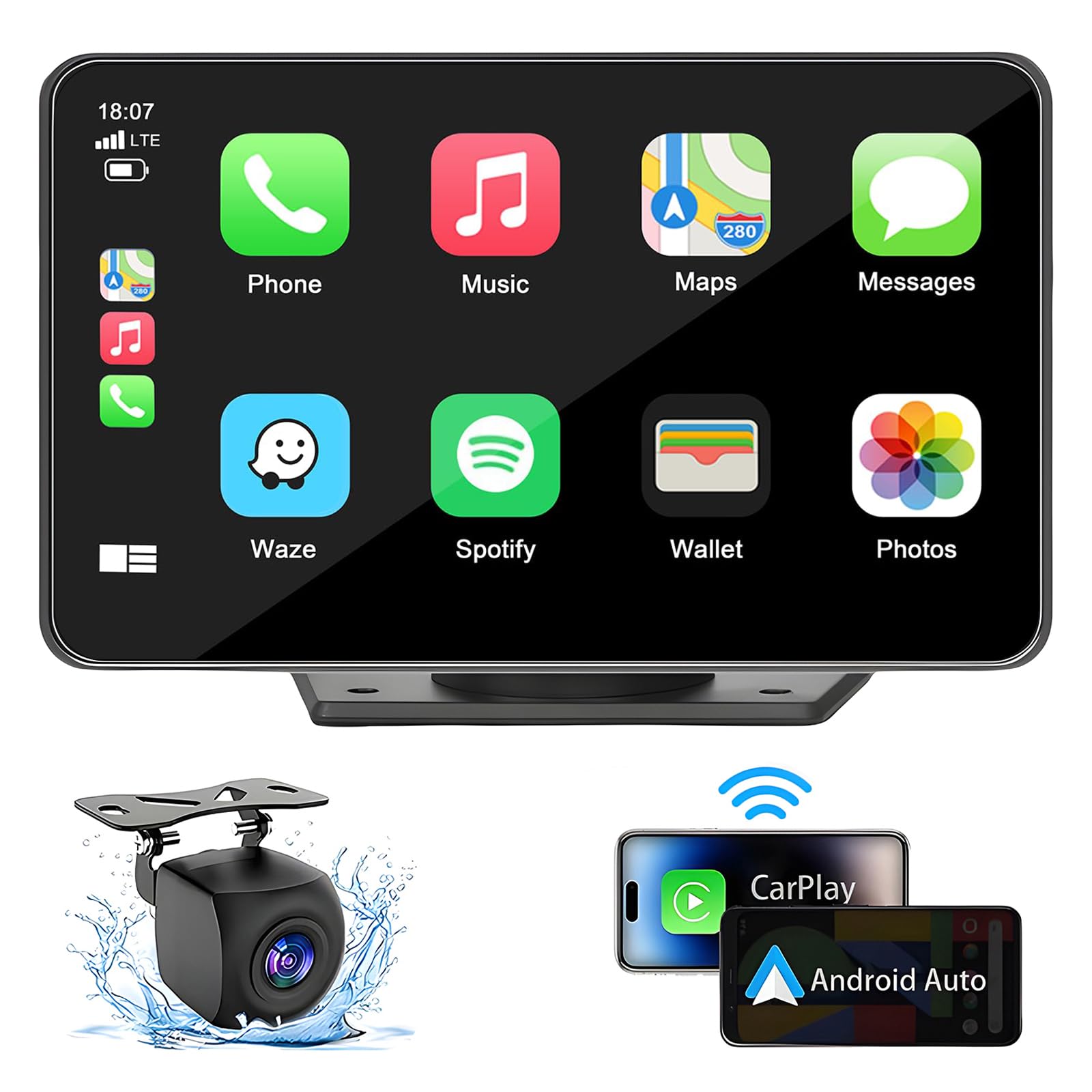 Capapro 7" HD Portable Wireless Carplay & Android Auto Double Din Car Stereo with GPS and Backup Camera thumbnail 3