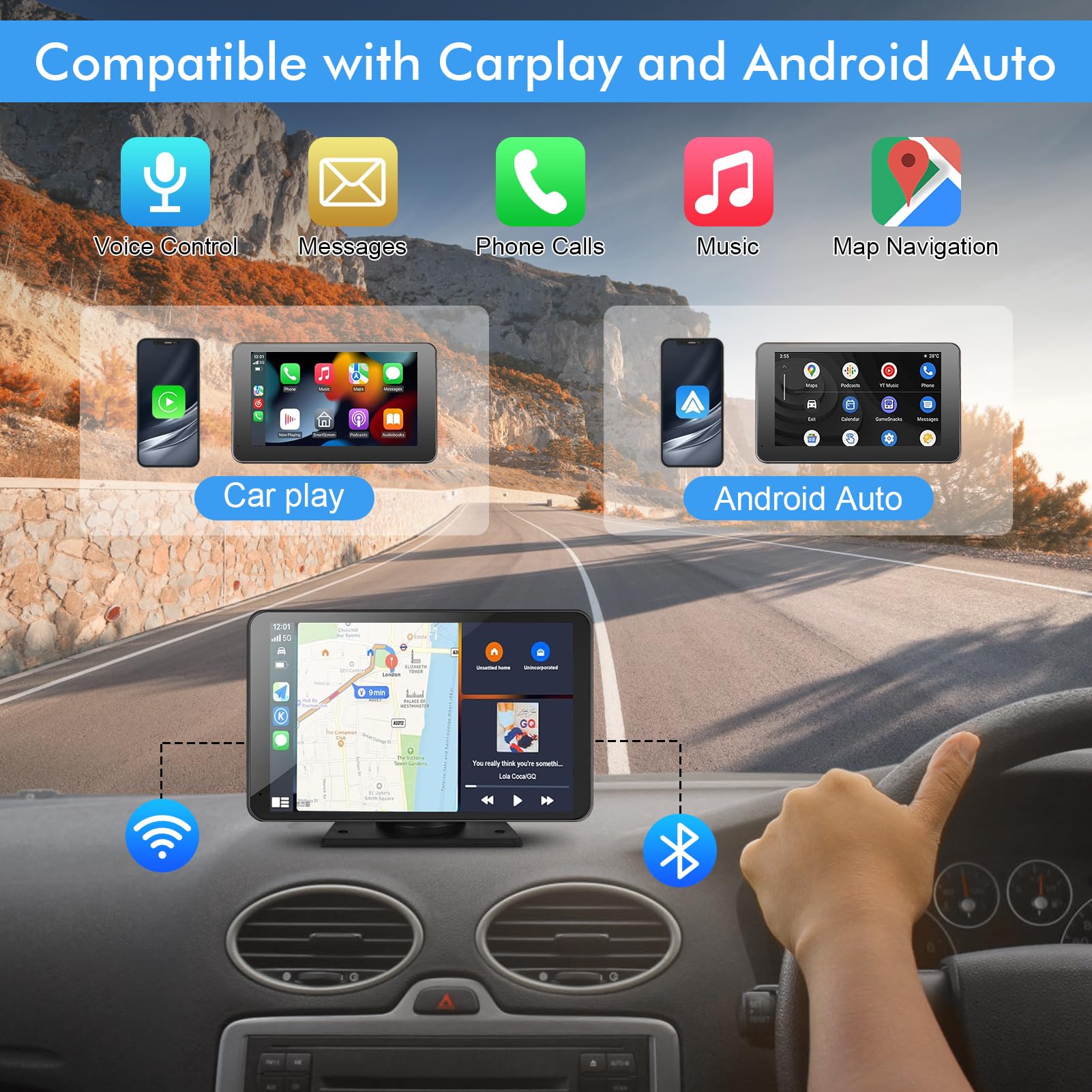 Capapro 7" HD Portable Wireless Carplay & Android Auto Double Din Car Stereo with GPS and Backup Camera thumbnail 2