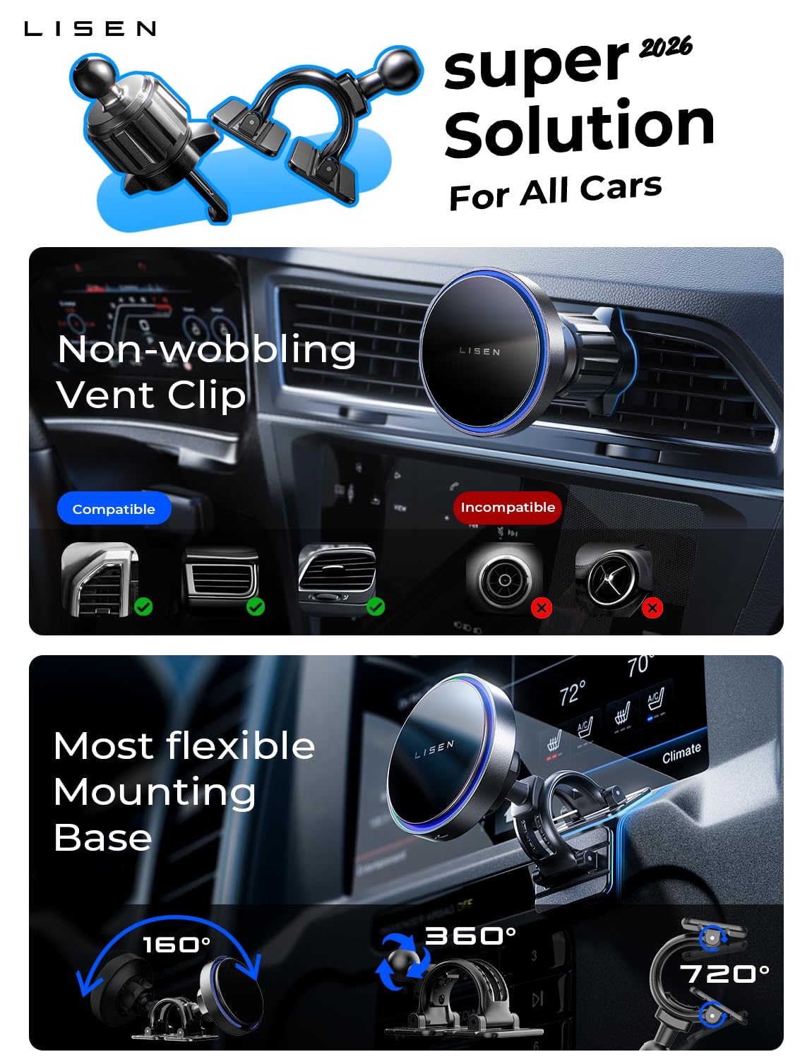 LISEN 15W MagSafe Wireless Car Mount Charger