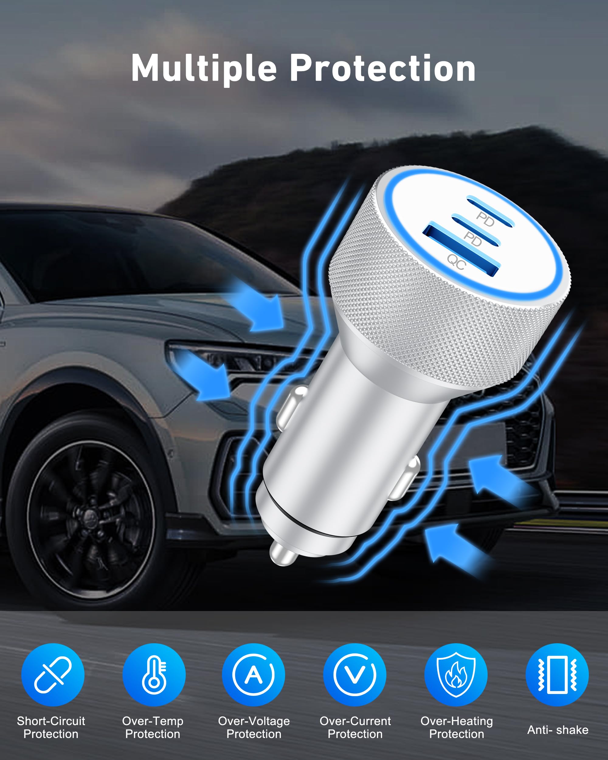 WODENTA 67W 3-Port Fast USB-C Car Charger with 3FT USB-C Cable for iPhone 17/16/15 Series and More thumbnail 3