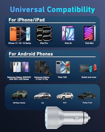 WODENTA 67W 3-Port Fast USB-C Car Charger with 3FT USB-C Cable for iPhone 17/16/15 Series and More thumbnail 4