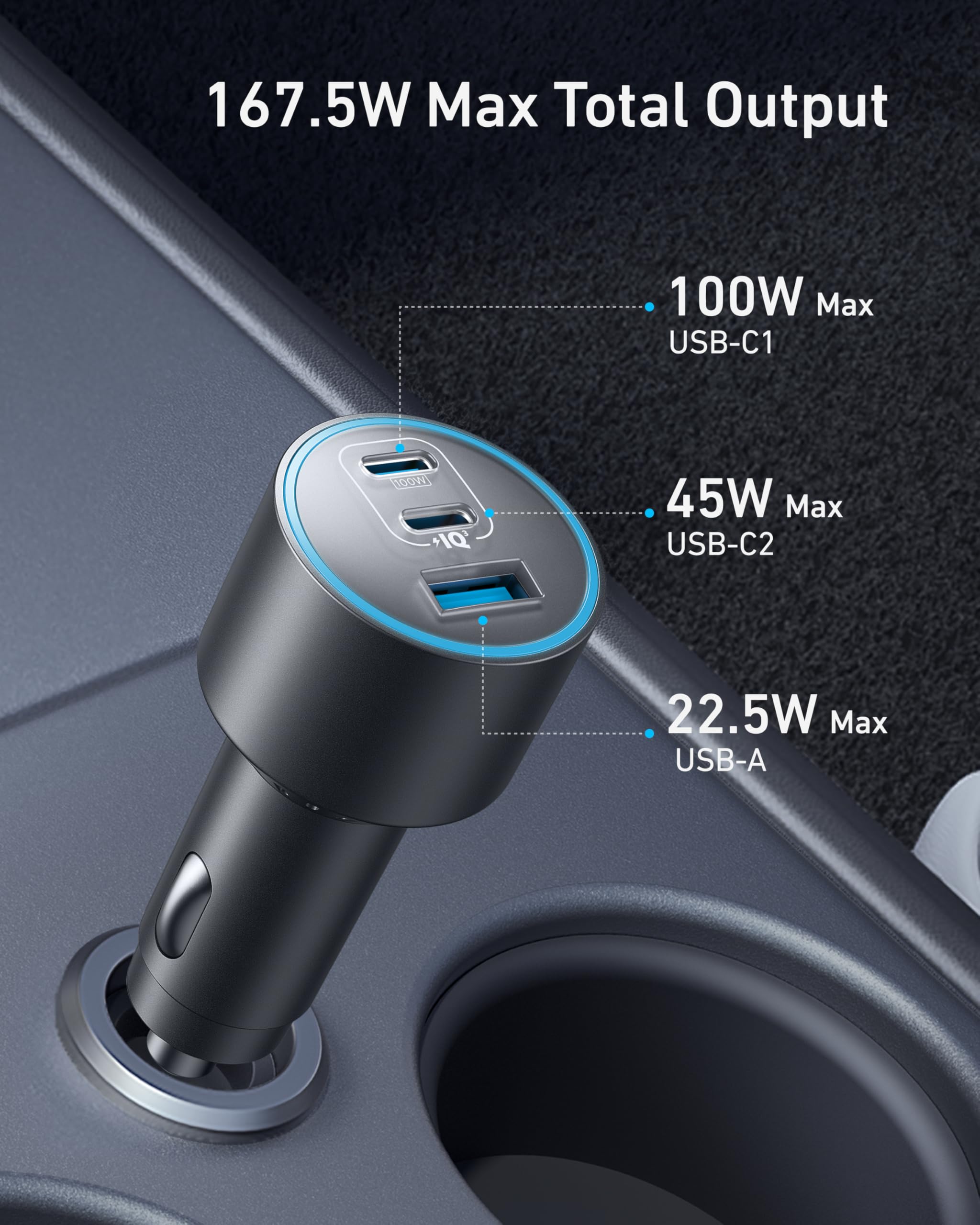 Anker 167.5W 3-Port Ultra-Compact USB-C Fast Charging Car Charger image 1