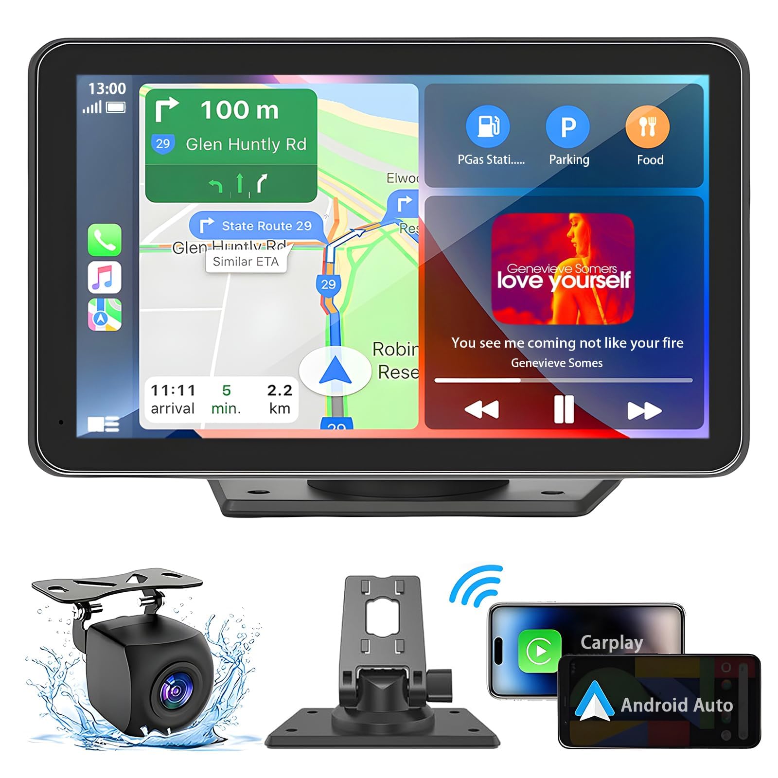 Portable 7" Wireless CarPlay & Android Auto Screen with HD Backup Camera and GPS Navigation