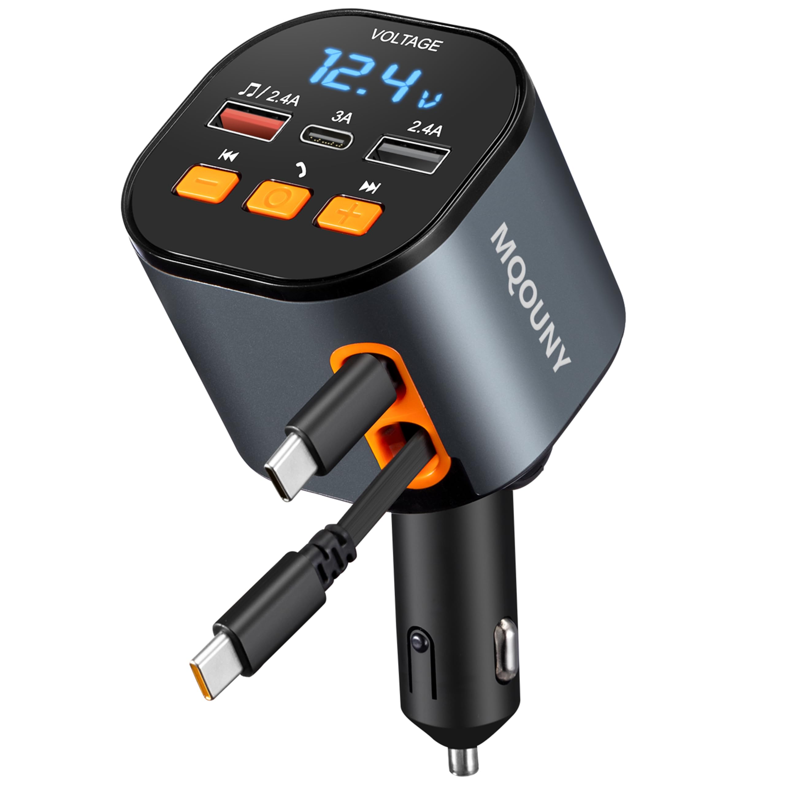 MQOUNY 5-in-1 Retractable Car Charger with Bluetooth 5.3 FM Transmitter and Hands-Free Calling thumbnail 2