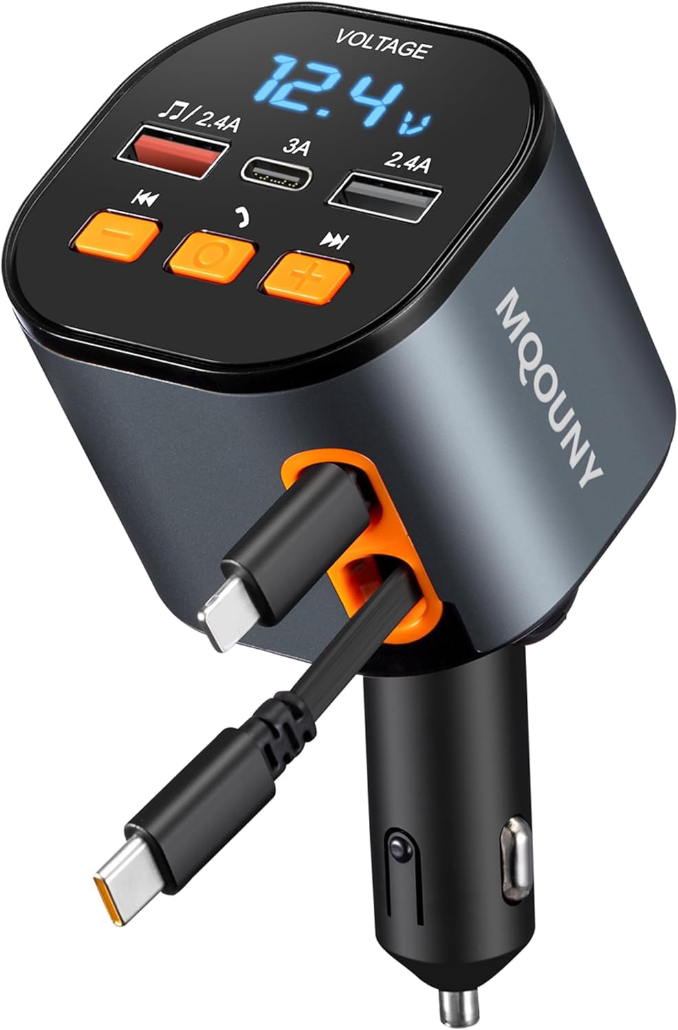 MQOUNY 5-in-1 Retractable Car Charger with Bluetooth 5.3 FM Transmitter and Hands-Free Calling thumbnail 3