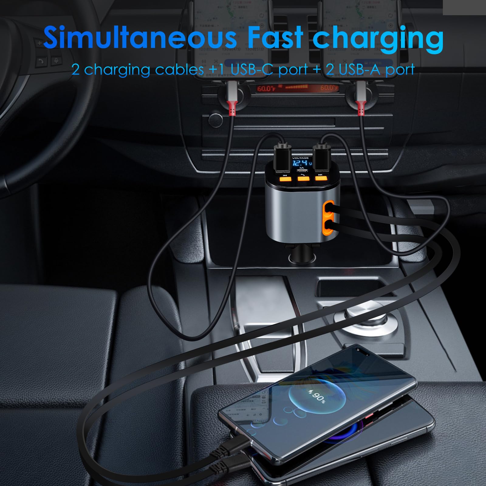 MQOUNY 5-in-1 Retractable Car Charger with Bluetooth 5.3 FM Transmitter and Hands-Free Calling thumbnail 4