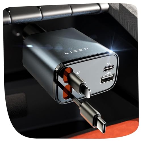 LISEN Retractable 84W Car Charger with Dual Retractable Cables and 4-Port Charging thumbnail 3