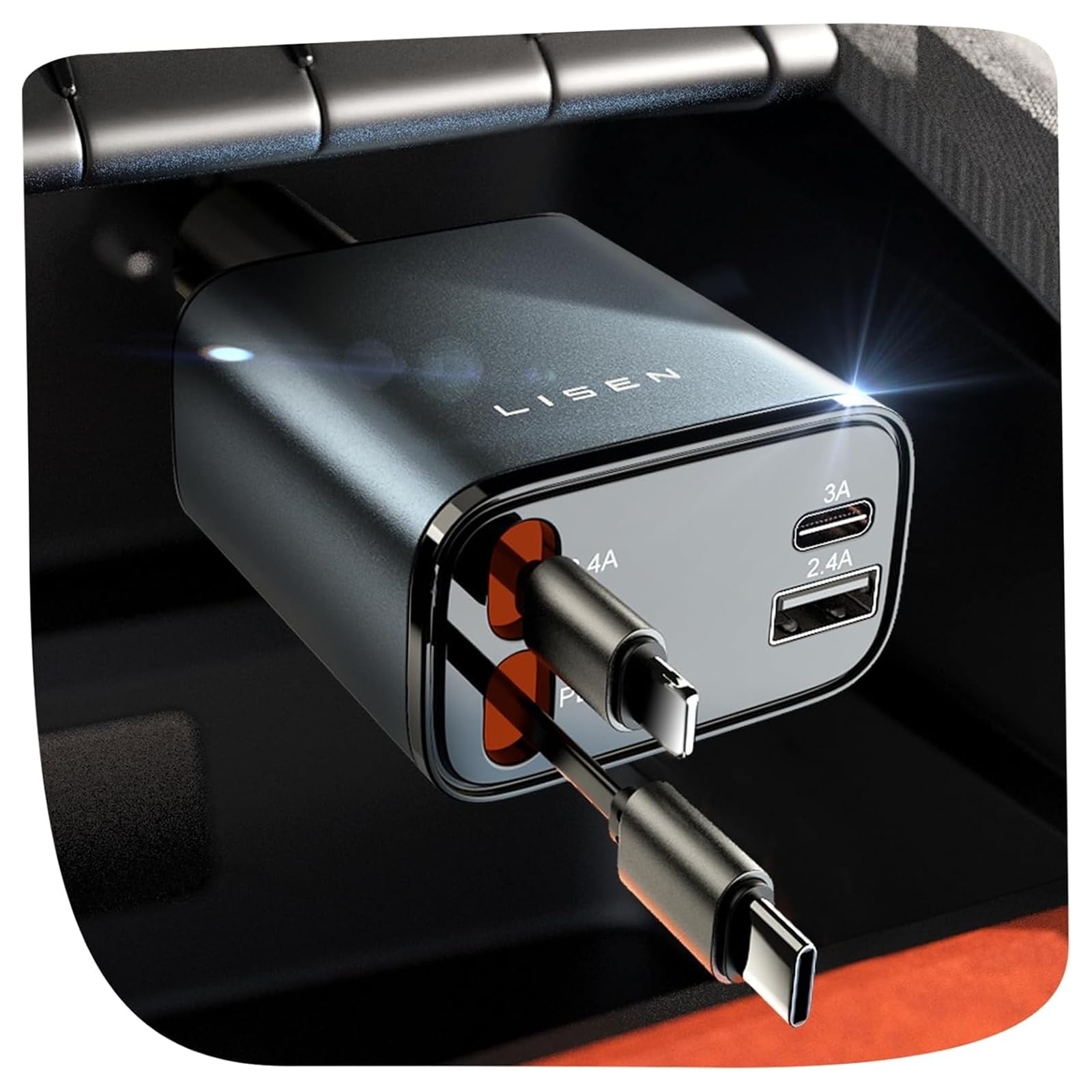 LISEN Retractable 84W Car Charger with Dual Retractable Cables and 4-Port Charging thumbnail 2