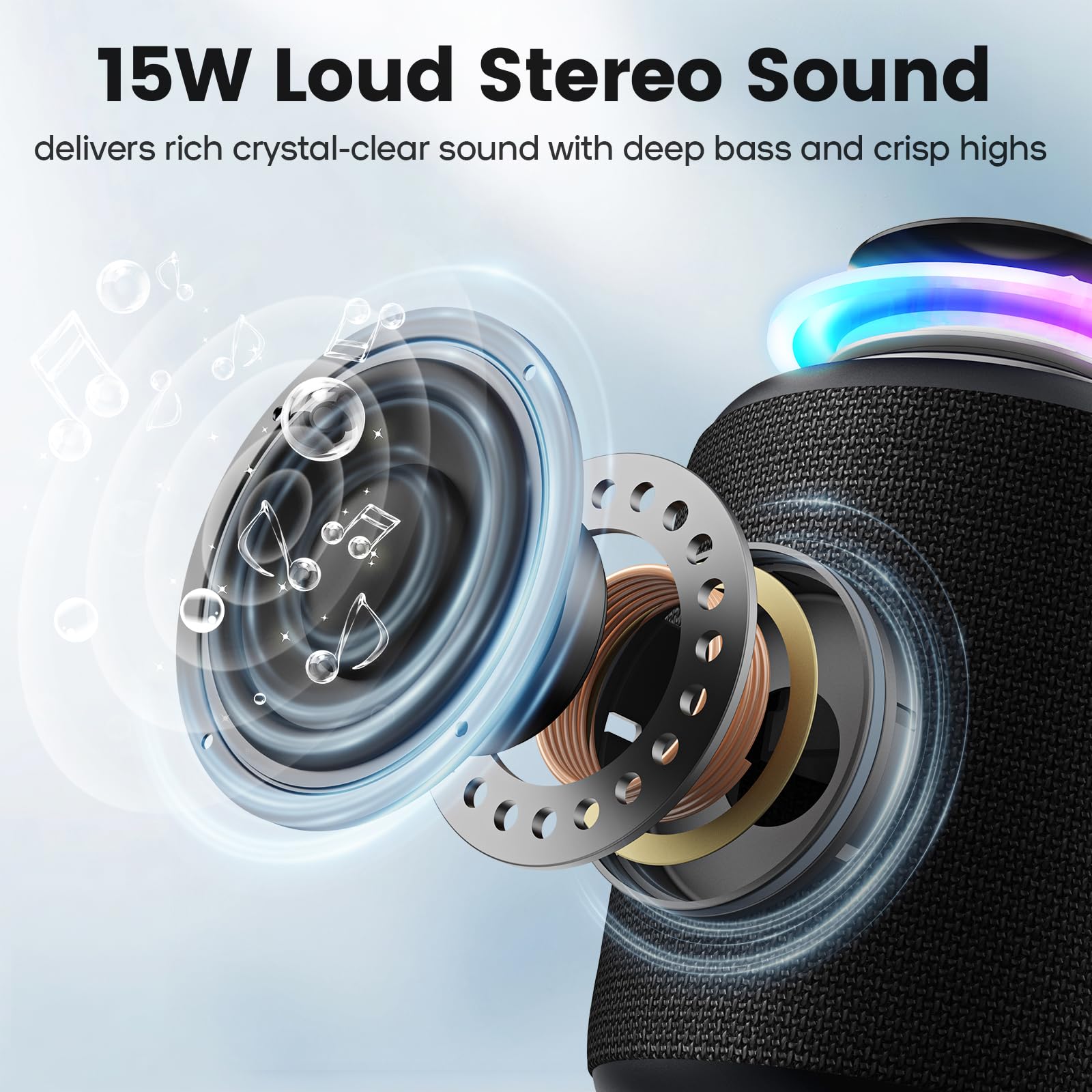 Bluetooth Speaker Wireless, IP67 Waterproof & Dustproof Portable Speaker with Lights, 15W Loud Stereo Sound, 2500mAh Battery All Day Playtime, TWS Pairing, BT5.3 thumbnail 2