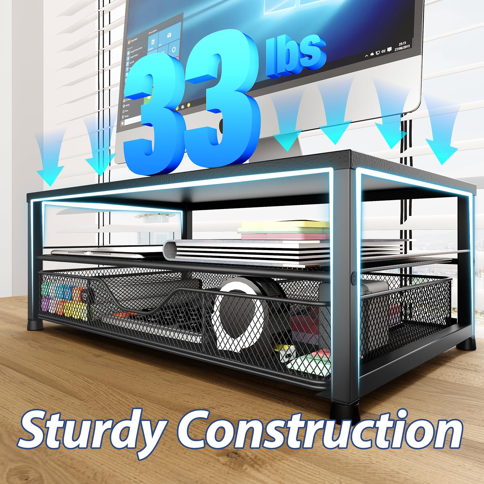 OPNICE 2-Tier Desk Organizer and Monitor Stand Riser with Drawer and Pen Holders thumbnail 2