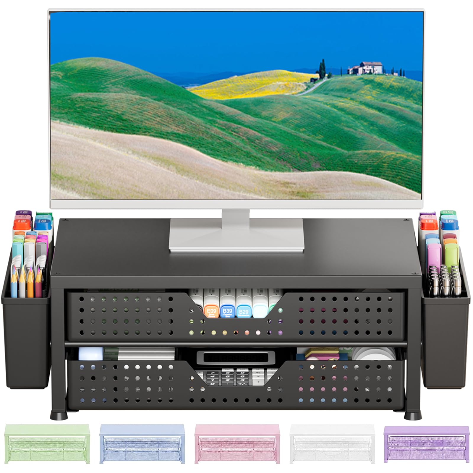 OPNICE 2-Tier Desk Organizer and Monitor Stand Riser with Drawer and Pen Holders thumbnail 4