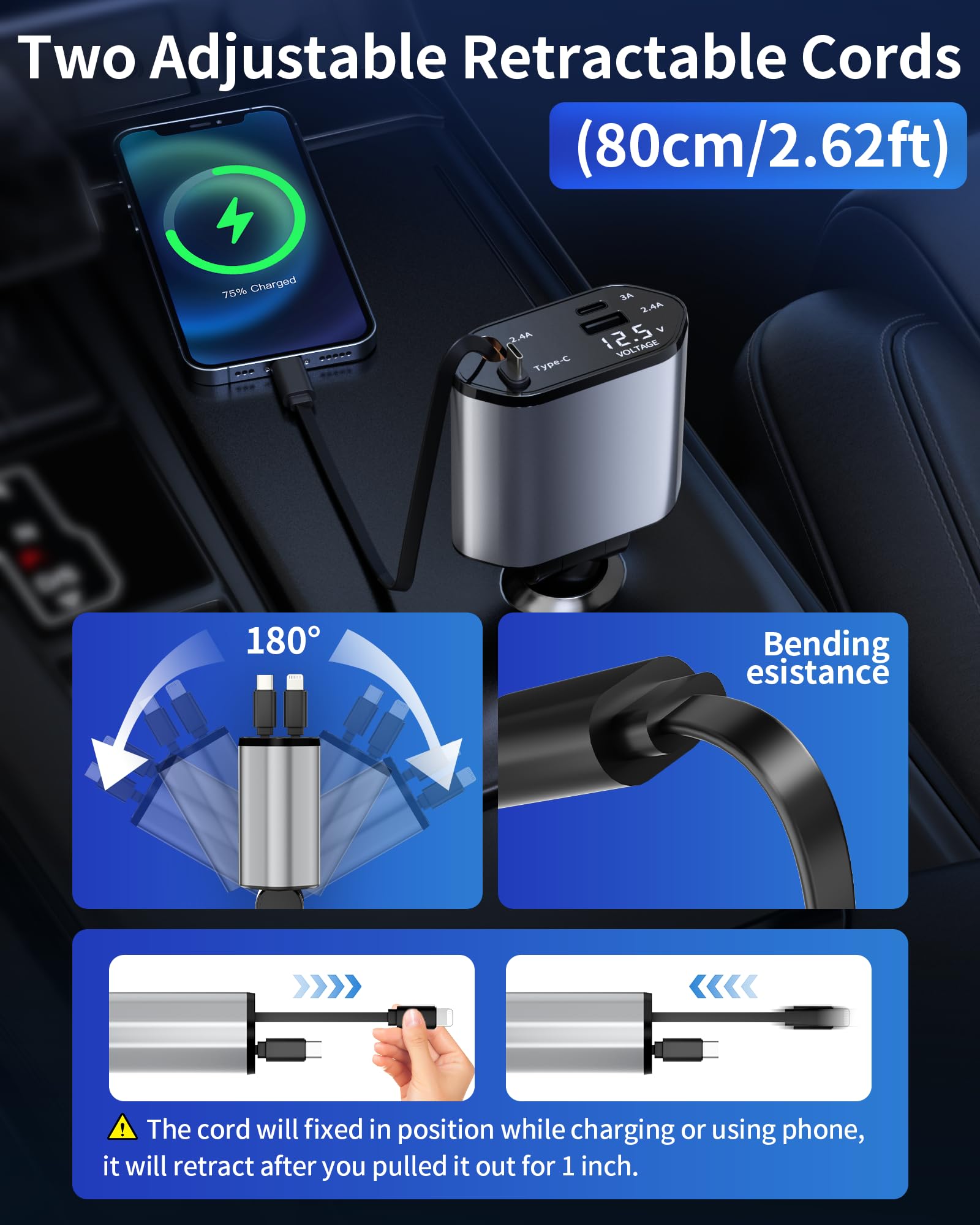 BERTHALESS 4-in-1 Retractable Fast Car Charger with USB-C & USB-A thumbnail 2