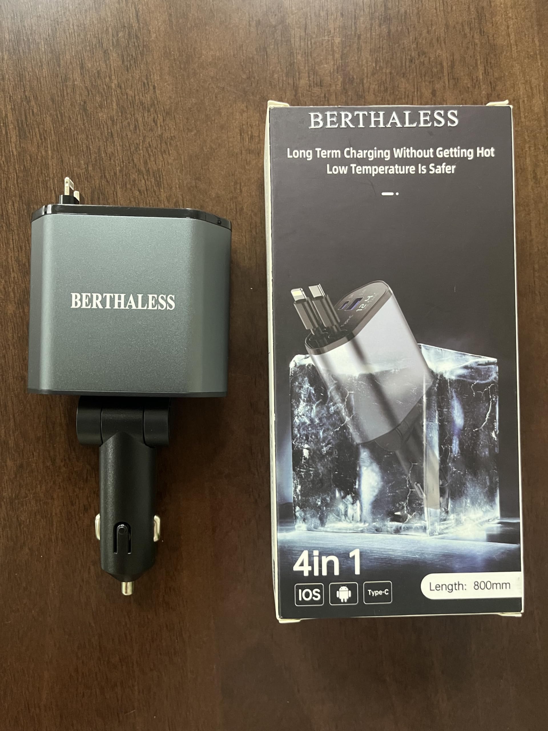 BERTHALESS 4-in-1 Retractable Fast Car Charger with USB-C & USB-A