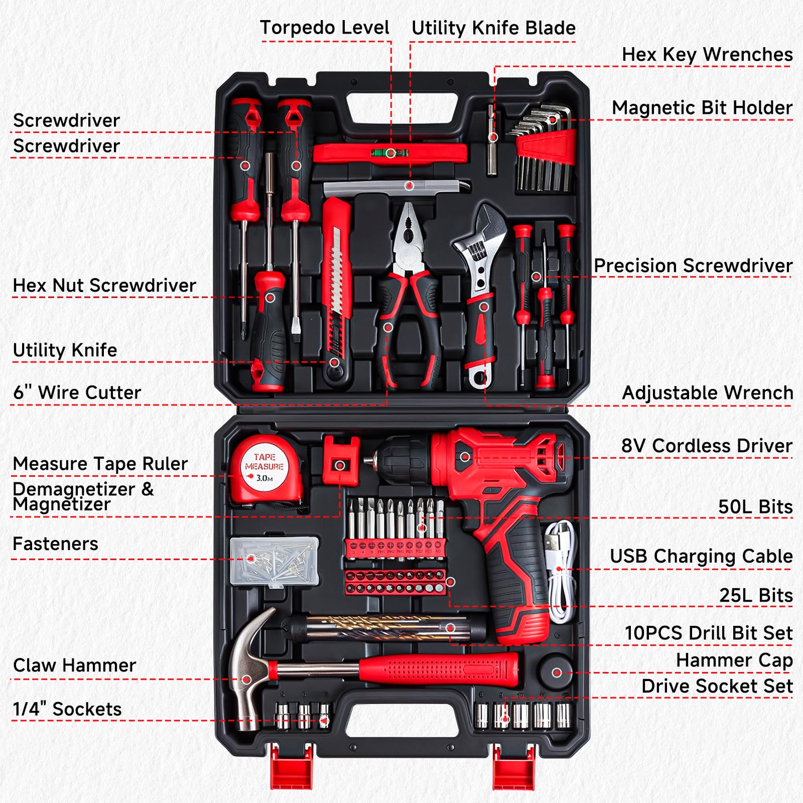 8V Cordless Drill Set with 132-Piece Home Tool Kit for DIY Enthusiasts thumbnail 2