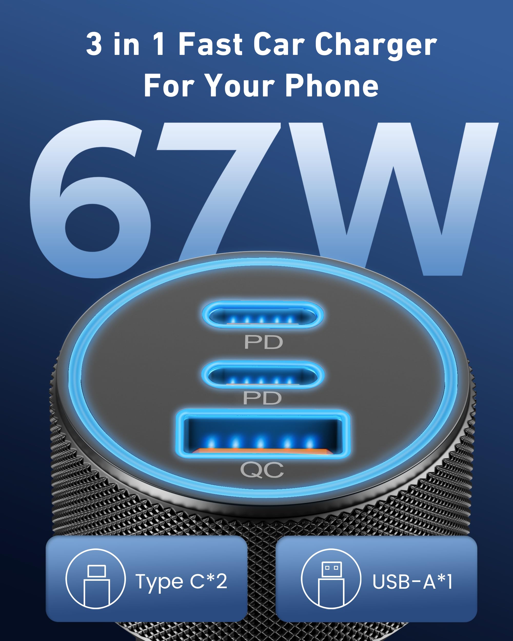 67W 3-Port Super Fast USB-C Car Charger with PD and QC for Samsung, iPhone, and More thumbnail 2