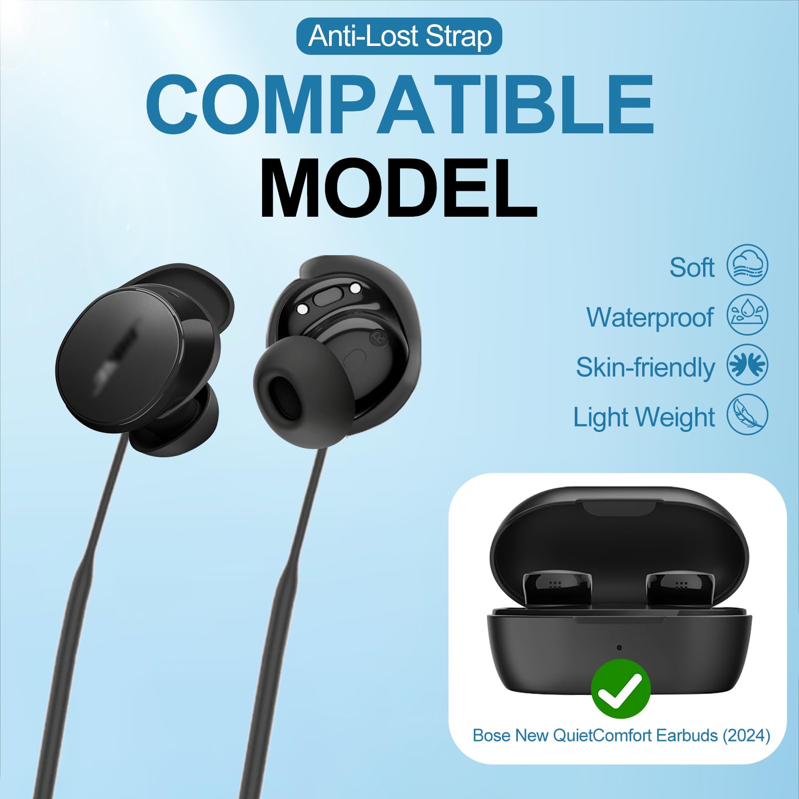 PUCGUE Anti-Lost Strap for Bose New QuietComfort Earbuds (2024) - Soft Silicone Sports Lanyard thumbnail 2