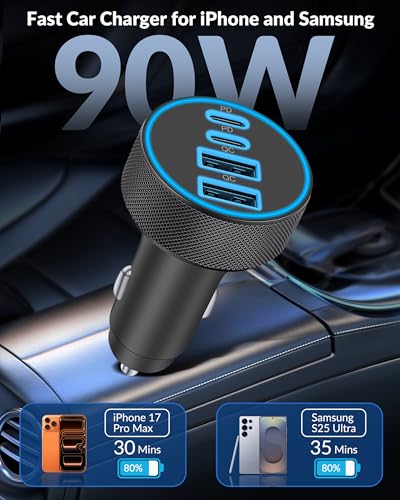 [4 in 1] USB C Car Charger, 4-Port 90W Super Fast Charging Cigarette Lighter Adapter thumbnail 2