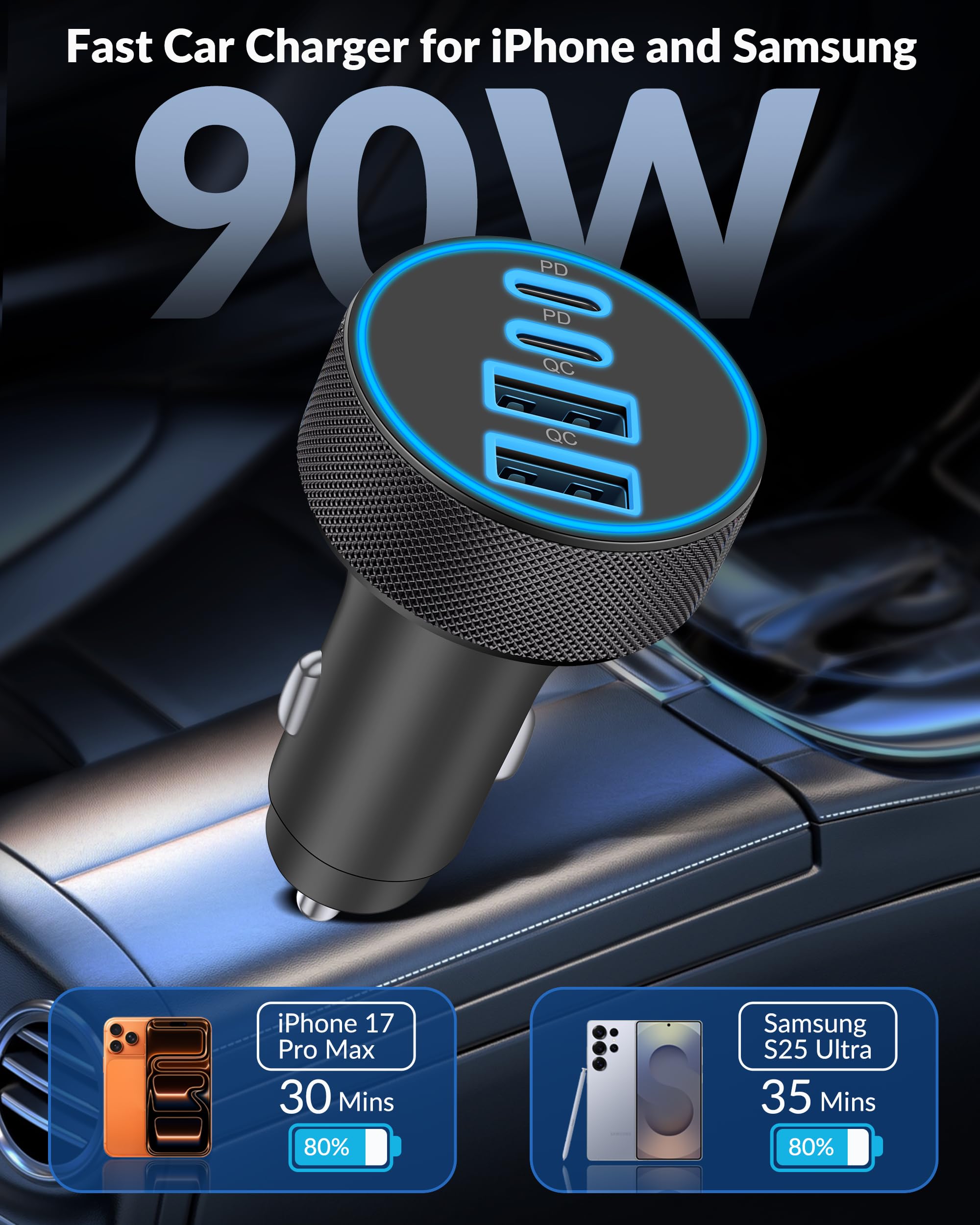 [4 in 1] USB C Car Charger, 4-Port 90W Super Fast Charging Cigarette Lighter Adapter thumbnail 3