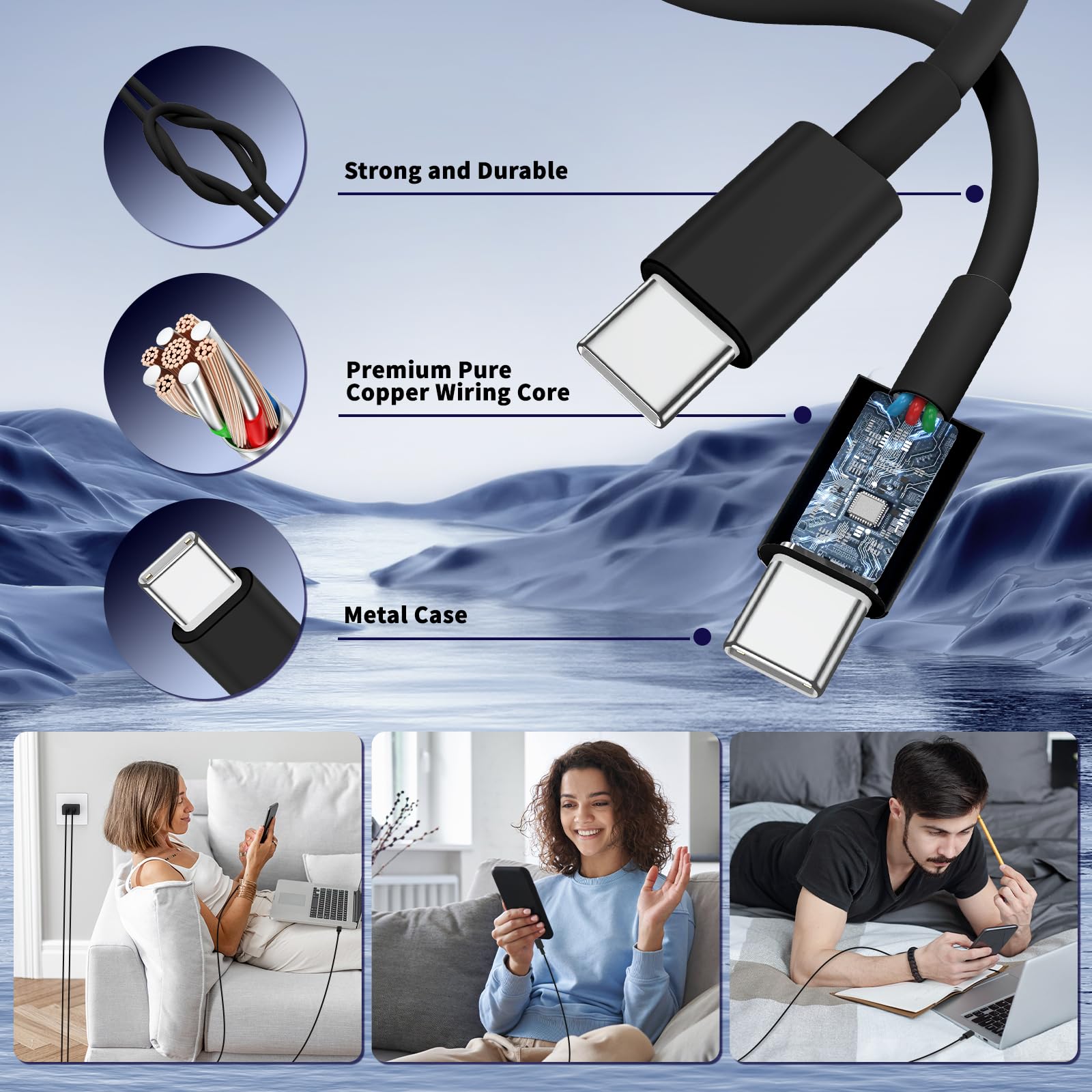 QZIIW 45W Dual Port USB-C Fast Charger with Extra Long 60W USB-C Cables (2-Pack) thumbnail 3