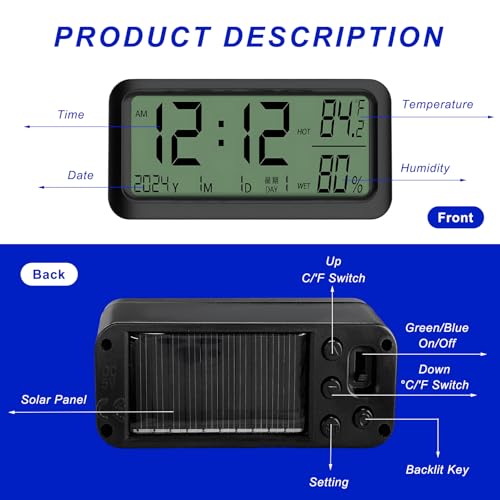 FSTURIOS Car Digital Dashboard Clock with Solar Recharge and Environmental Monitoring thumbnail 2